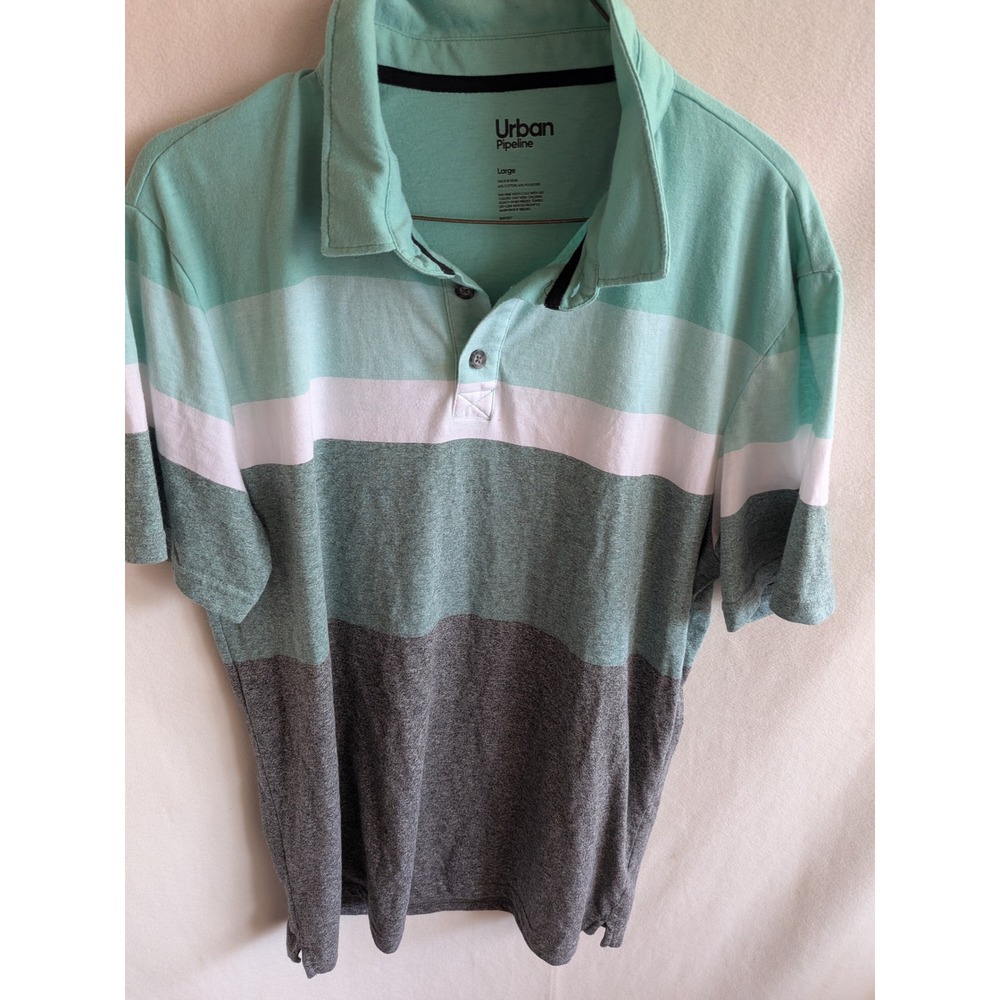 Urban Pipeline Mens Large Polo Shirt Mint Green Gray Striped Colorblock Casual